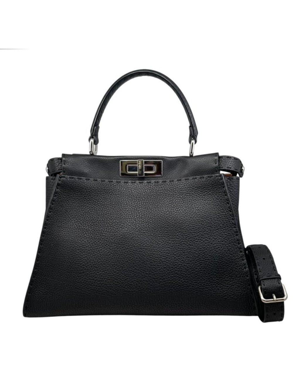 Fendi Tote Shoulder Bag Peekaboo Medium Selleria Calfskin Black Silver